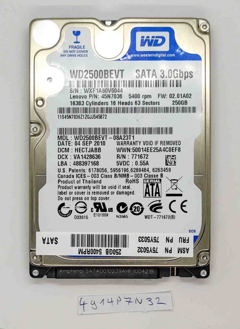 WD WD2500BEVT 250 GB SATA II 5400 RPM 2,5" HDD per Lenovo Edge 15 0301, 100% di integrità