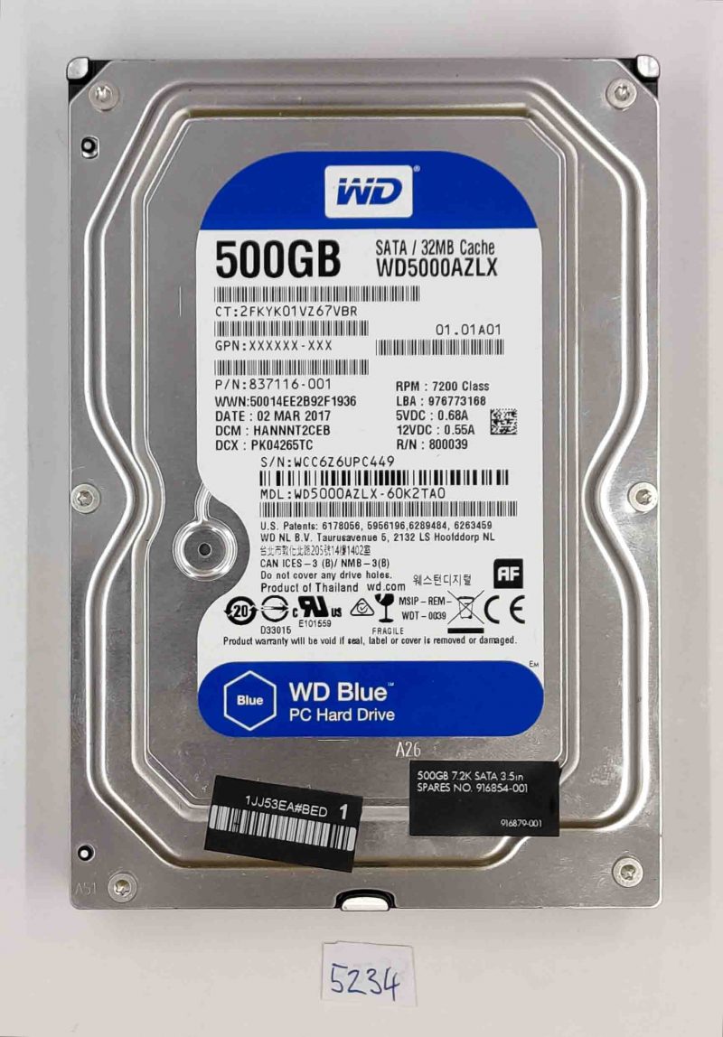 Western Digital Blue 500 GB 7200 RPM 3,5" SATA HDD - WD5000AZLX - 100% integro