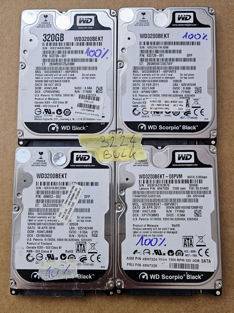 BULK 4 x Western Digital WD Scorpio Black WD3200BEKT-60V5T1 320 GB 2.5 Hard Disk per Laptop - 4x 100% di Salute