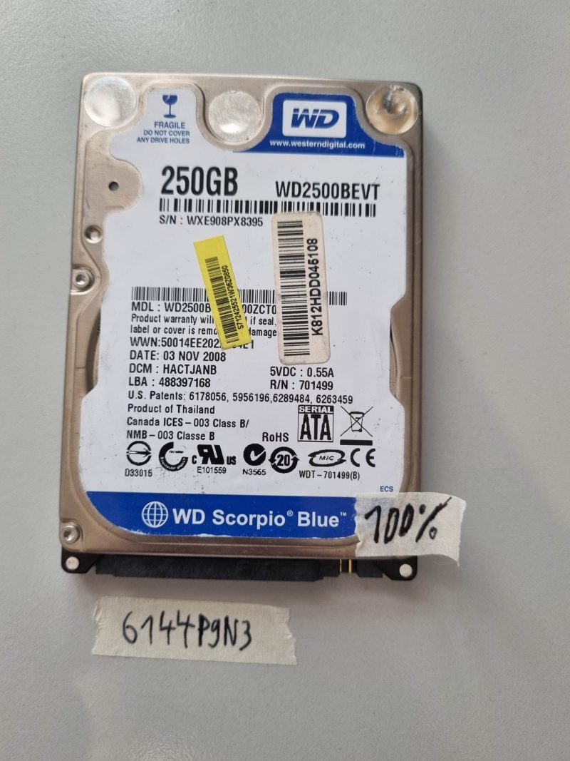 Disco rigido per laptop SATA Western Digital Blue da 2,5" WD2500BEVT da 250 GB, 100% integro
